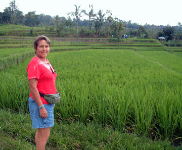 Dee hiking through the rice paddy